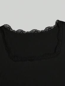 Sweetra Fashion Square Neck Contrast Lace Flared Long Sleeve Elastic Knit Top T-Shirt Fall - Multicolor - View 15