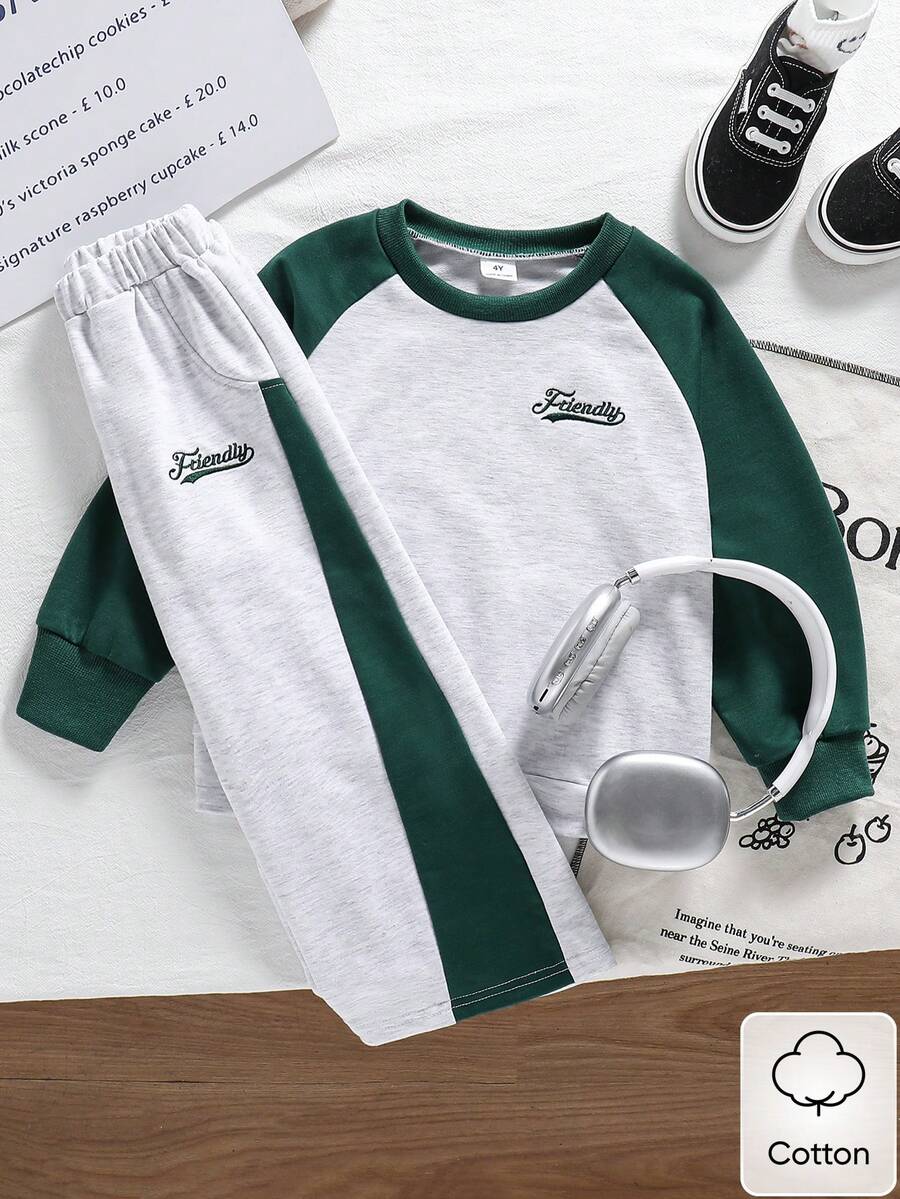 Conjunto de sudadera de cuello redondo con mangas raglán, bordado de letras, estilo minimalista coreano gris & bloques de color, con pantalones de chándal holgados a juego con bloques de color, para uso diario en primavera para niños - Verde - Ver 1