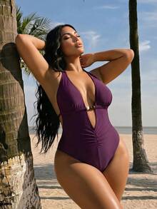 Swim SXY 大尺碼女款純色掛脖抓褶連身泳衣附裙，適合海灘度假、泳池派對、海灘派對 - 中紫紅色 - 查看 3