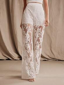 Anewsta Custom White Floral Embroidered Sheer Elegant Romantic Casual Urban Women's Lightweight Blazer Flared Pants Set, Spring/Summer Wedding Party Night - Beige - View 4