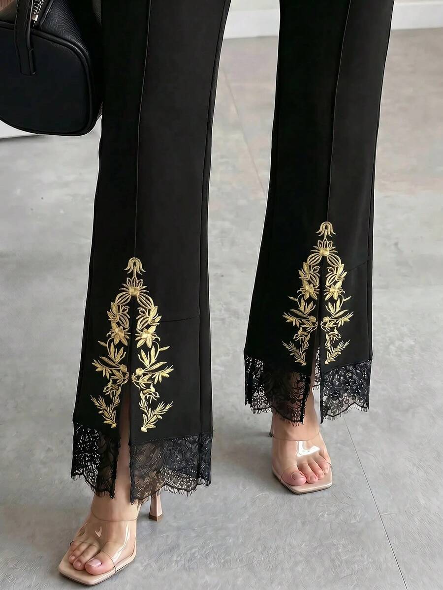 SHEIN Clasi 夏季優雅高質感女款黑色拼接金色蕾絲開衩針織彈性高腰長褲內搭褲,通勤早午餐晚餐穿著,辦公室穿搭 - 黑色 - 查看 1