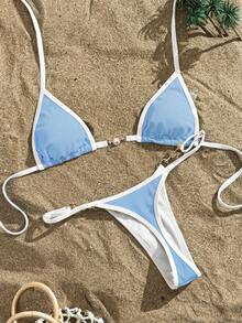 Swim Vcay Summer Beach Contrast Binding Halter Triangle Bikini Set - Baby Blue - View 1