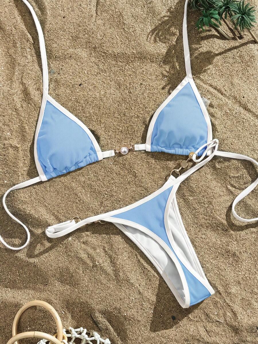 Swim Vcay Summer Beach Contrast Binding Halter Triangle Bikini Set - Baby Blue - View 1
