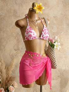 Mistrie Summer Beach Floral Print Halter Triangle Bikini Set With Beach Skirt Vacation - Multicolor - View 3