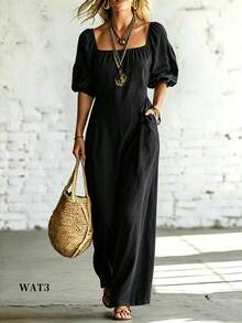 SHEIN Fiorisel Women's Solid Color Casual Loose Off-Shoulder Jumpsuit - Black - View 4