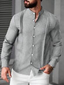Manfinity CasualCool 男士素色單排扣休閒百搭日常穿著襯衫 - 淺灰色 - 查看 6