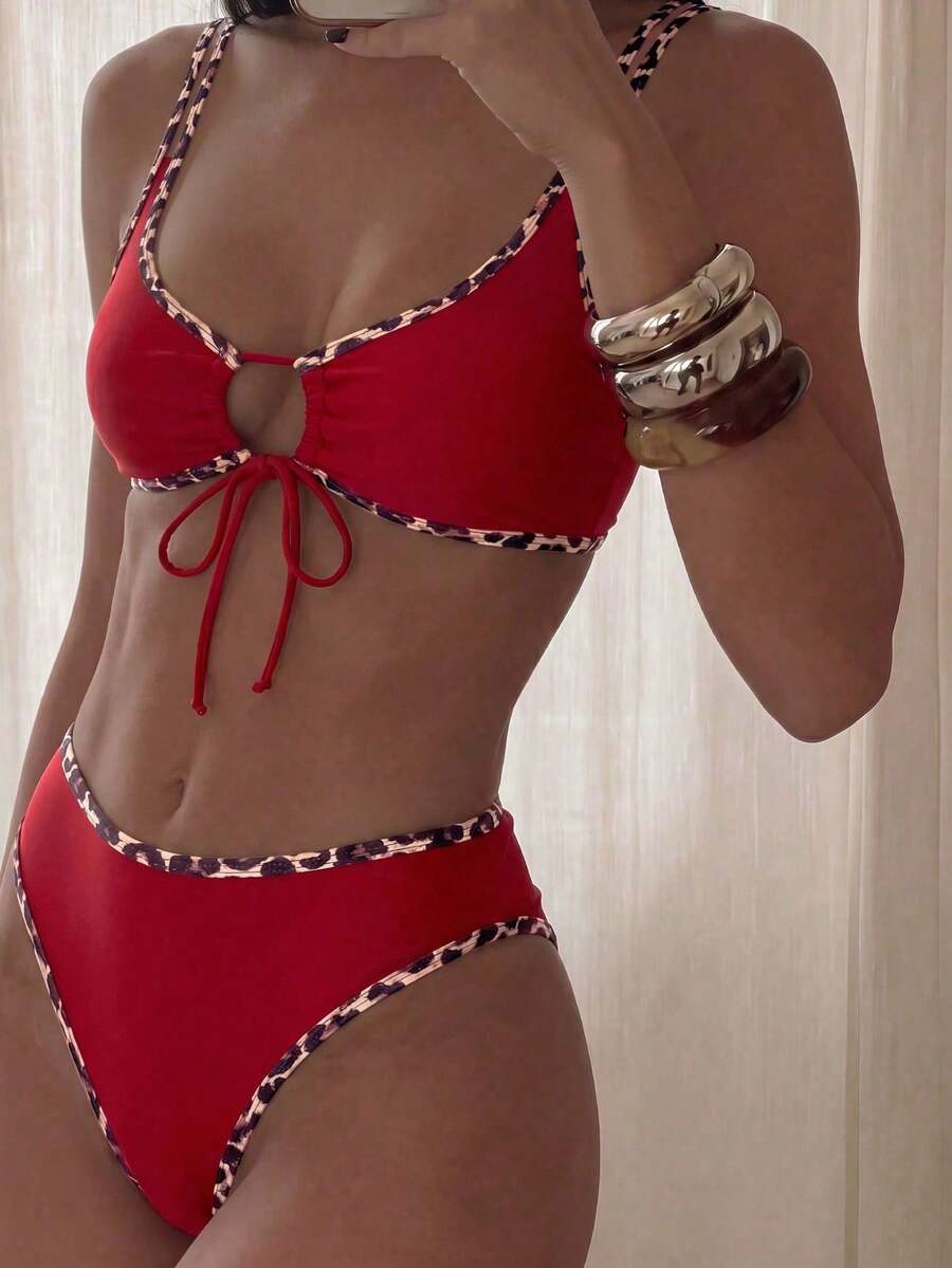 Swim Mod Pakaian Pantai Musim Semi Wanita, Set Bikini Tali Spaghetti Modis Terbaru untuk Liburan Pantai, Warna Merah Tropis - MultiWarna - View 1
