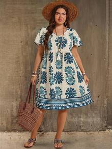 EMERY ROSE Plus Size Floral & Striped Print Casual Vacation Dress - Olive Green - View 6