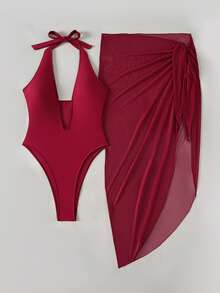 Glamine 2pcs Set Bikini Pantai Tanpa Punggung Model Halter Warna Merah Burgundy untuk Wanita, Musim Panas - Burgundy - View 3