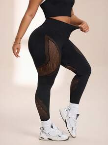 SHEIN Rhythm Era Women's Plus Size Hollow Out Patchwork Sports Leggings - Black - View 1