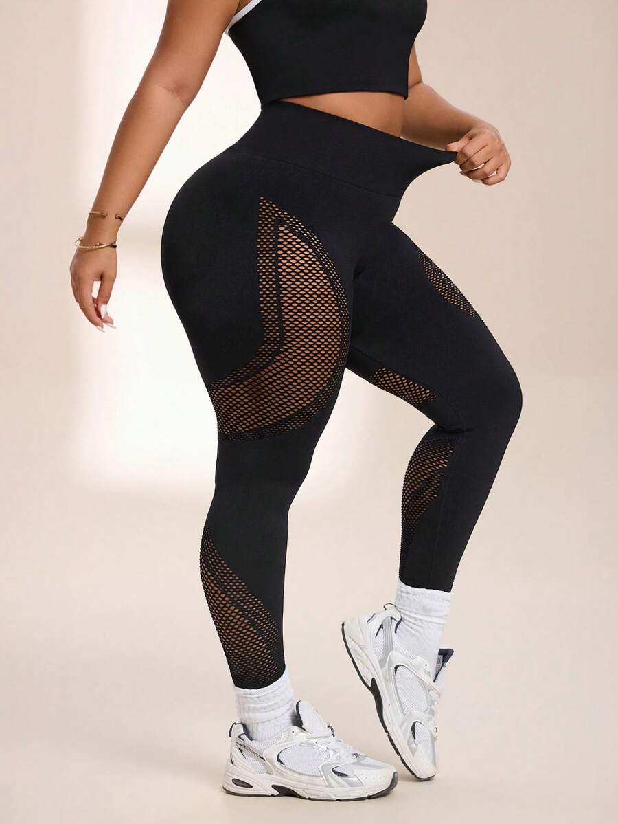 SHEIN Rhythm Era Women's Plus Size Hollow Out Patchwork Sports Leggings - Black - View 1