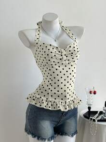 Elamini Sweet Style White And Black Polka Dot Bow Bustier Design Waist-Cinching Ruffle Halter Neck Tank Top For Women Brunch Vacation Summer Vintage Cute - Apricot - View 1