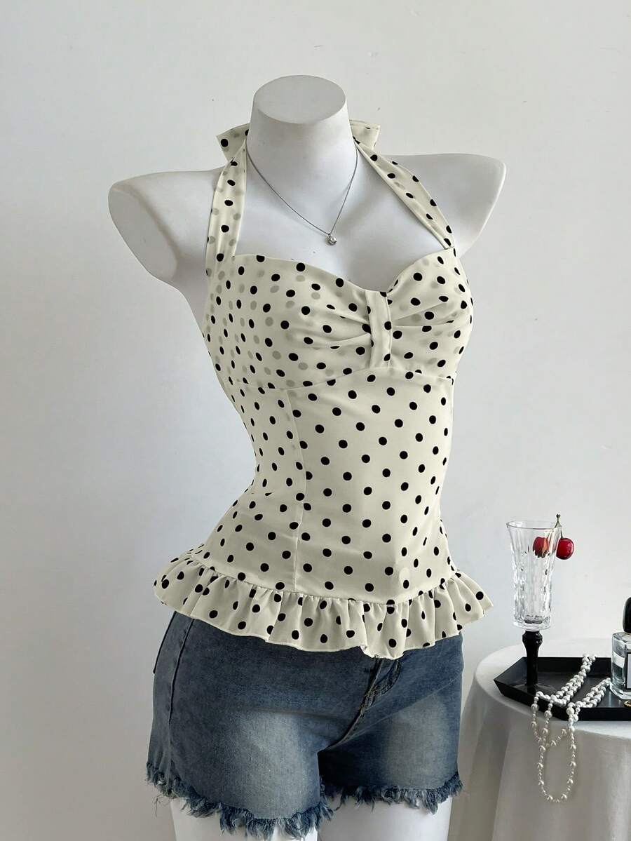 Elamini Sweet Style White And Black Polka Dot Bow Bustier Design Waist-Cinching Ruffle Halter Neck Tank Top For Women Brunch Vacation Summer Vintage Cute - Apricot - View 1