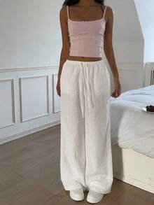 SHEIN EZwear 100%純棉白色紋理女款長褲，度假、居家、日常、健身、復古、軟妹風、街頭風 - 彩色 - 查看 5