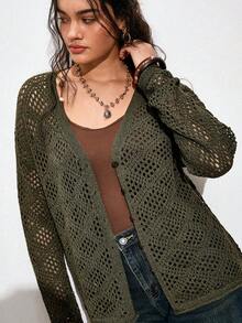 Nubod Fashionable New Army Green Hollow Design Knit Cardigan Women's Autumn Lightweight Outerwear V-Neck Plus Size Cardigan Formal Vacation Casual Bohemian - Army Green - View 4