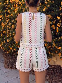 SHEIN Holidaya Women's Playful Summer Casual Tropical Boho Vacation Outfit, Vintage Geometric Pattern Sleeveless Cropped Tank Top With Patchwork White Lace, Shorts - White - View 2