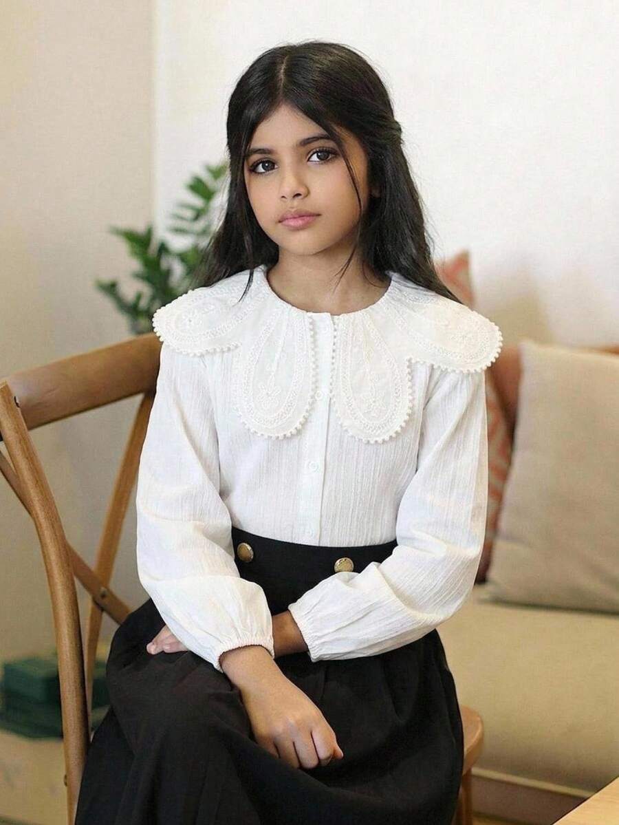 SHEIN Tween Girl Elegant Embroidered Ruffle Collar Long Sleeve Button-Front Casual Princess Shirt, Suitable For School, Vacation, Travel, Birthday Party, Spring/Autumn - White - View 1
