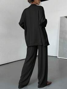 Aveloria Modichic Women Fall Textured 2 Pieces Set Button Down Shirt Wide Leg Pants Business Casual - Black - View 2