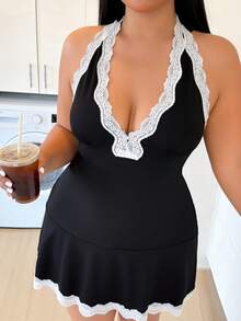 ZzzCrew Women's Lace Trim Sexy Plus Size Backless Nightgown Dress - Black - View 6