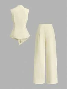 Franclia 女款優雅奶油白色夏季兩件套，不對稱無袖抓皺金屬鈕扣上衣搭配長褲套裝，適合辦公室工作、婚禮正式場合 - 杏色 - 查看 2