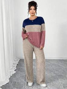 Elenzga Plus Size Brushed Ribbed Colorblock 3-Color Patchwork Crew Neck Long Sleeve Fitted T-Shirt + Brushed Ribbed Loose Long Pants 2-Piece Set, Elegant For Home, Outings, Dates, Gatherings And Parties - Multicolor - View 1