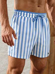Manfinity KASUA Men's Color Block Striped Drawstring Waist Fashion Beach Shorts, Holiday - Baby Blue - View 3