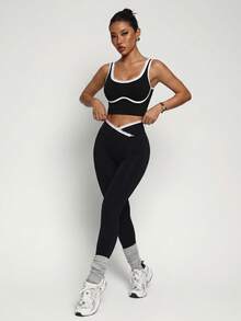 SHEIN Dewbera Conjunto deportivo de yoga sin costuras con bloques de color para mujer - Negro - Ver 7