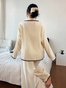 SHEIN 女士撞色翻领宽松长袖睡衣套装，秋冬睡衣套装，女士睡衣套装 - 彩色 - 查看 2