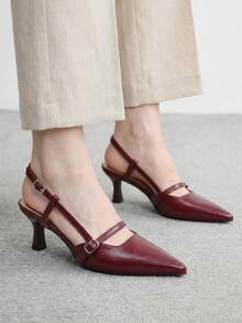 CUCCOO BIZCHIC 女款尖頭漆皮細高跟低鞋口後跟帶式休閒通勤百搭女鞋 - 酒紅色 - 查看 1