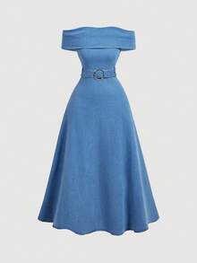 SHEIN MOD Women's High Waist Off-Shoulder Denim Dress - Blue - View 2