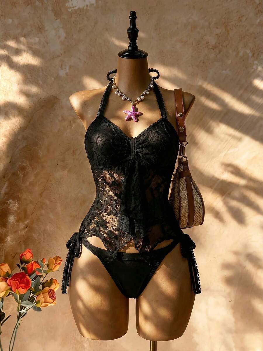 Femesol 26SS Summers Vacation Beach Black Lace Floral Trim Cute Sweet Bow Bikini Set, 2pcs