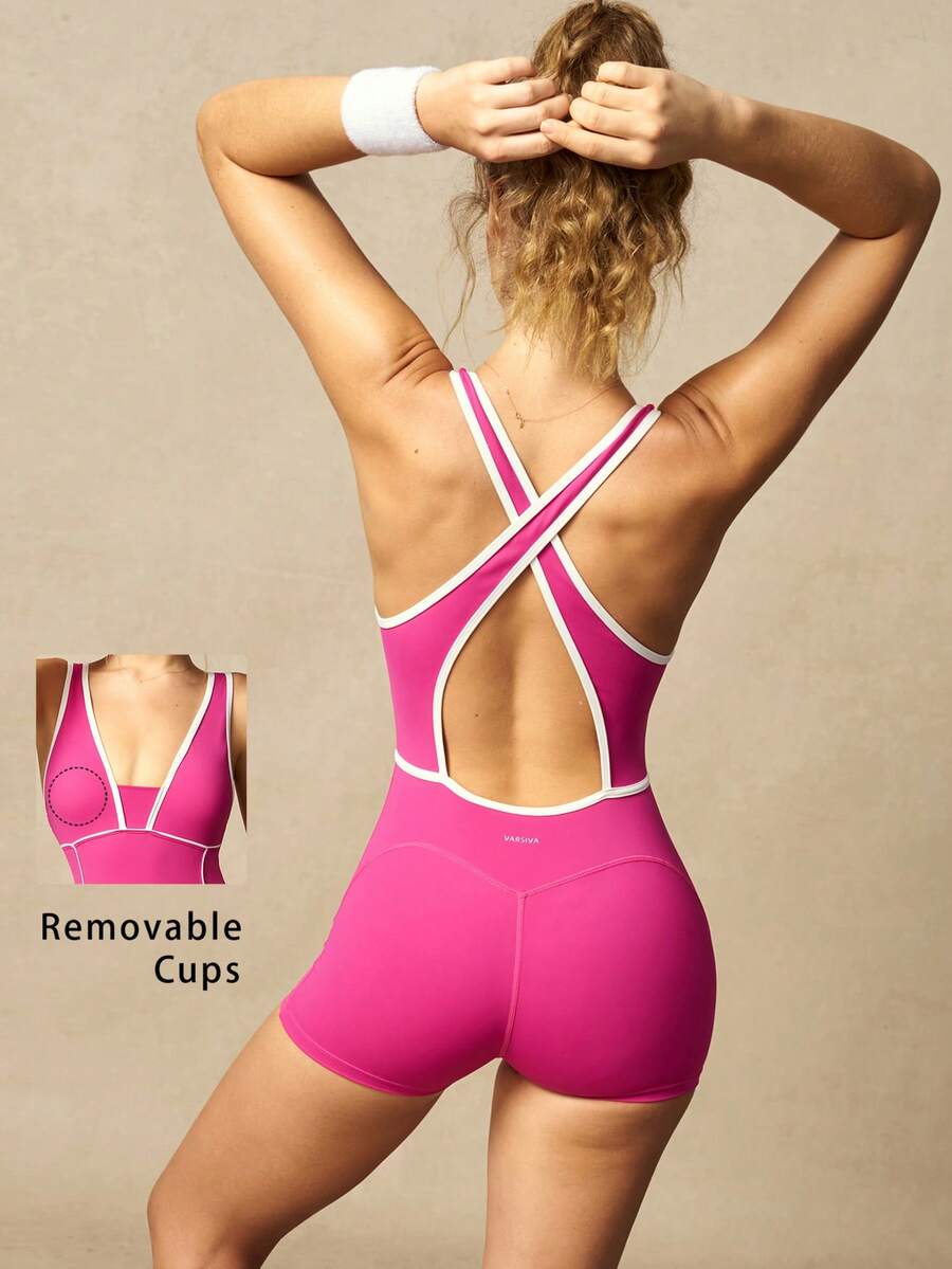 VARSIVA Women's Piped Back Cross Design Sleeveless Athletic Romper Shorts