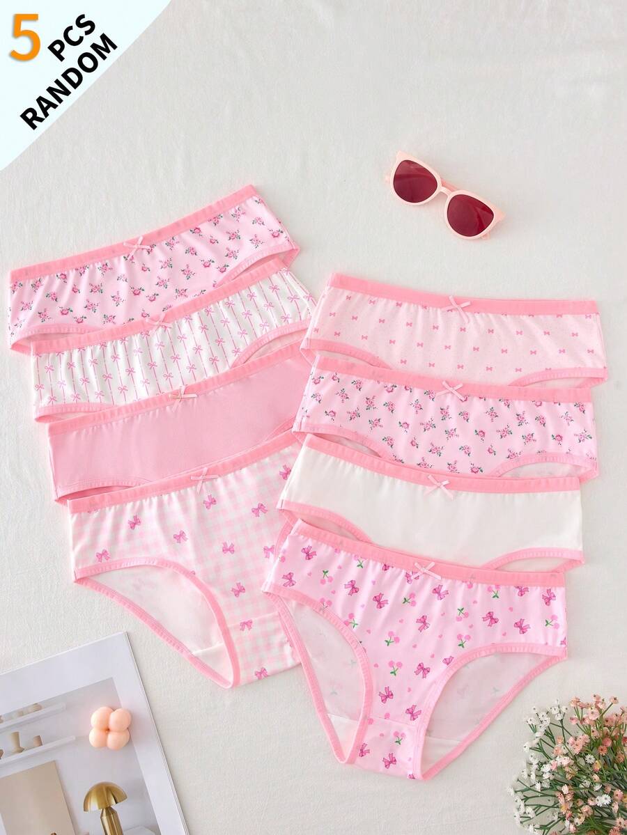 SHEIN 青少年女孩極簡時尚蝴蝶結系列舒適5件組三角內褲 - 彩色 - 查看 1