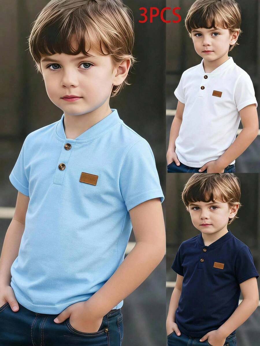 Genkimix Kids 3件裝小男孩時尚休閒半鈕扣T恤,白色、米色、黑色,胸前飾有棕色鈕扣,左胸小標誌吸睛,整體簡約且細緻,適合週末出遊、日常穿著、家庭聚會、開學季 - 藍色 - 查看 1