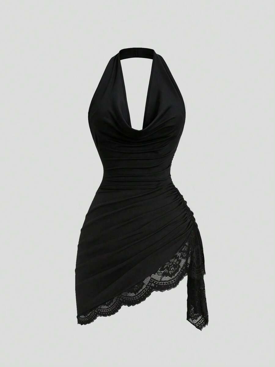 Sweetra Women's Summer Black Draped Neck Draped Pleated Fitted Bodycon Asymmetrical Drawstring Hem Short Dress - Black - View 1