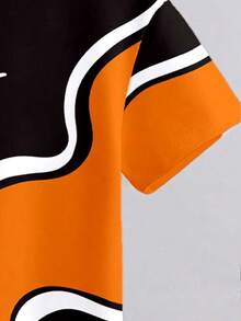 (1 Set) Boys Casual Fashion Minimalist King Black Orange White Color Block Pattern Basic Short Sleeve T-Shirt And Shorts - Multicolor - View 6