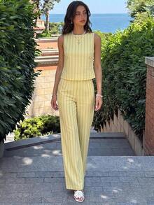 KARISMINA 2pcs/Set Women Solid Color Woven Fitted Tank Top & High Waist Loose Straight Pants Set Spring Outfits For Tropical Vacation Woman Clothes Linen Island - Light Yellow - View 1