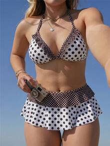 Swim Mod 2026 Spring/Summer Plus Size 2-Piece Bikini Set Set, Random Large & Small Polka Dot Print Triangle Top With Ruffle Trim, Halter Tie Back, Open Back, Double Layer Skirt Bottom, Sweet & Cute Beach Vacation Wear For Women - Multicolor - View 1