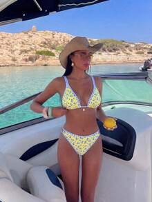 Swim Mod 2026 Spring/Summer 2pcs Adjustable Shoulder Strap Blue Ditsy Floral Gold Disc Decor Sexy High Cut Sides Bikini Set Set - Multicolor - View 1