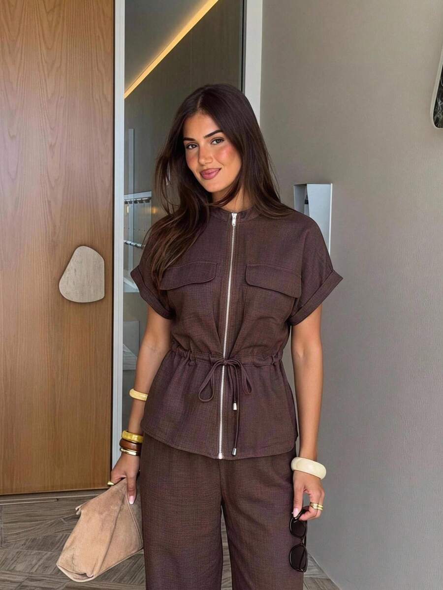 Siren Gaze Women's Linen-Blend Two-Piece Set | Short-Sleeve Utility Top & Drawstring Wide-Leg Trousers – Loose, Casual Work-To-Weekend Set - Brown - View 1