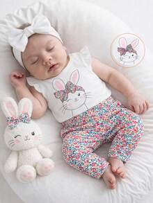 SHEIN Vintaside Kids Conjunto de 2 piezas para bebé niña con parte superior de manga corta con volantes de conejo de Pascua y pantalones florales para el verano - Blanco - Ver 1