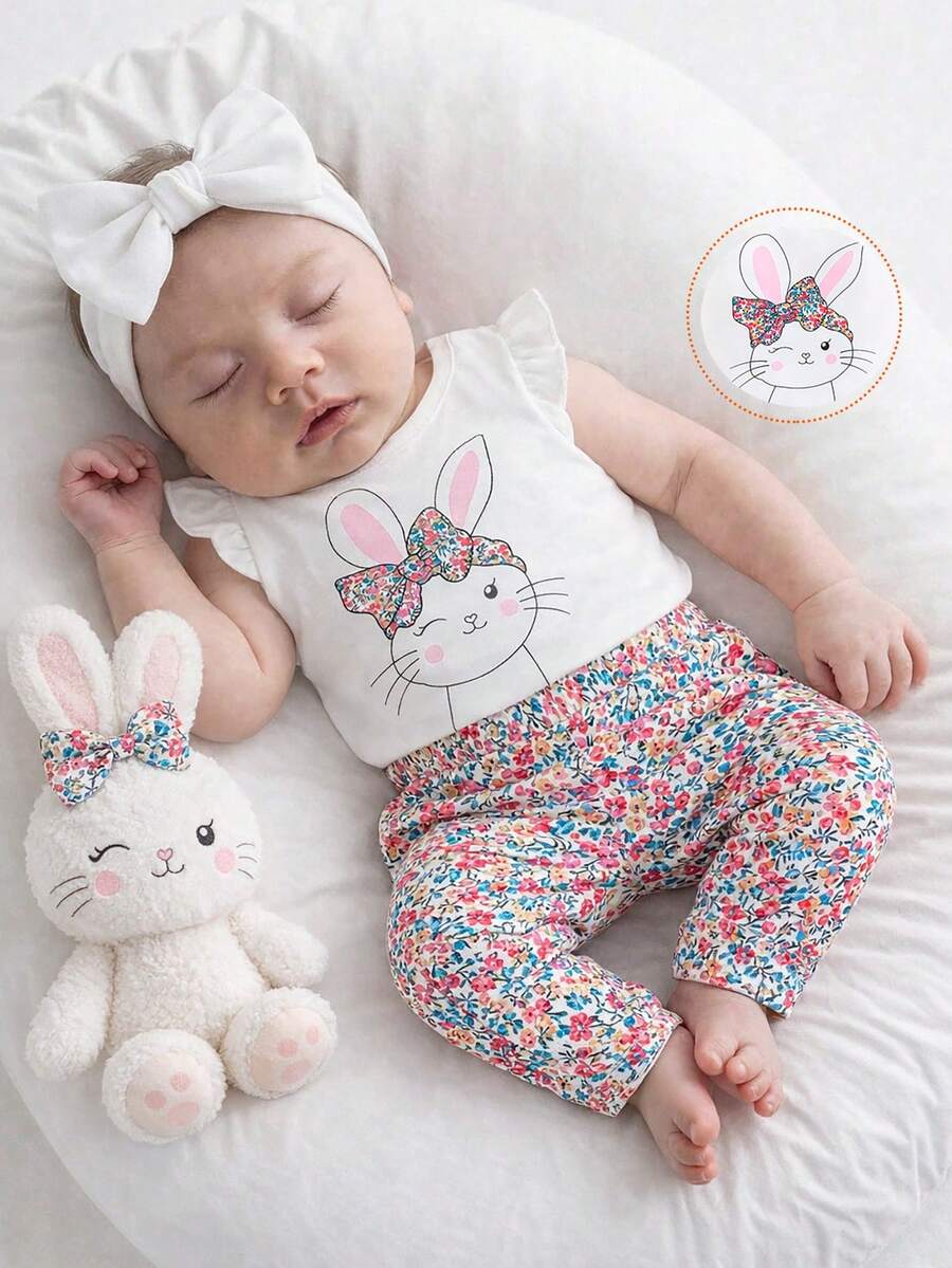 SHEIN Vintaside Kids Conjunto de 2 piezas para bebé niña con parte superior de manga corta con volantes de conejo de Pascua y pantalones florales para el verano - Blanco - Ver 1