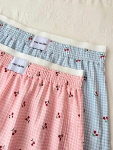 Napfluff CURVE Napfluff CURVE 2pcs Plus Size Women's Plaid Cherry Print Patchwork Shorts Set Night Light Blue Pink Summer - Multicolor - View 7