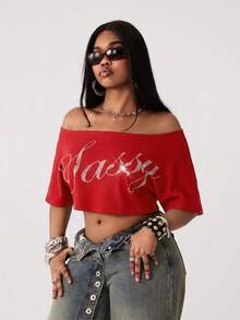 Vadaroq Women's Summer Vintage Y2K Streetwear Going Out Sport Casual Graphic Off Shoulder Slouchy Cropped Rhinestone Red T-Shirt - Red - View 4