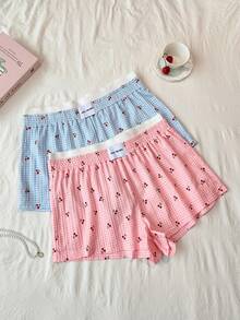 Napfluff CURVE Napfluff CURVE 2pcs Plus Size Women's Plaid Cherry Print Patchwork Shorts Set Night Light Blue Pink Summer - Multicolor - View 1