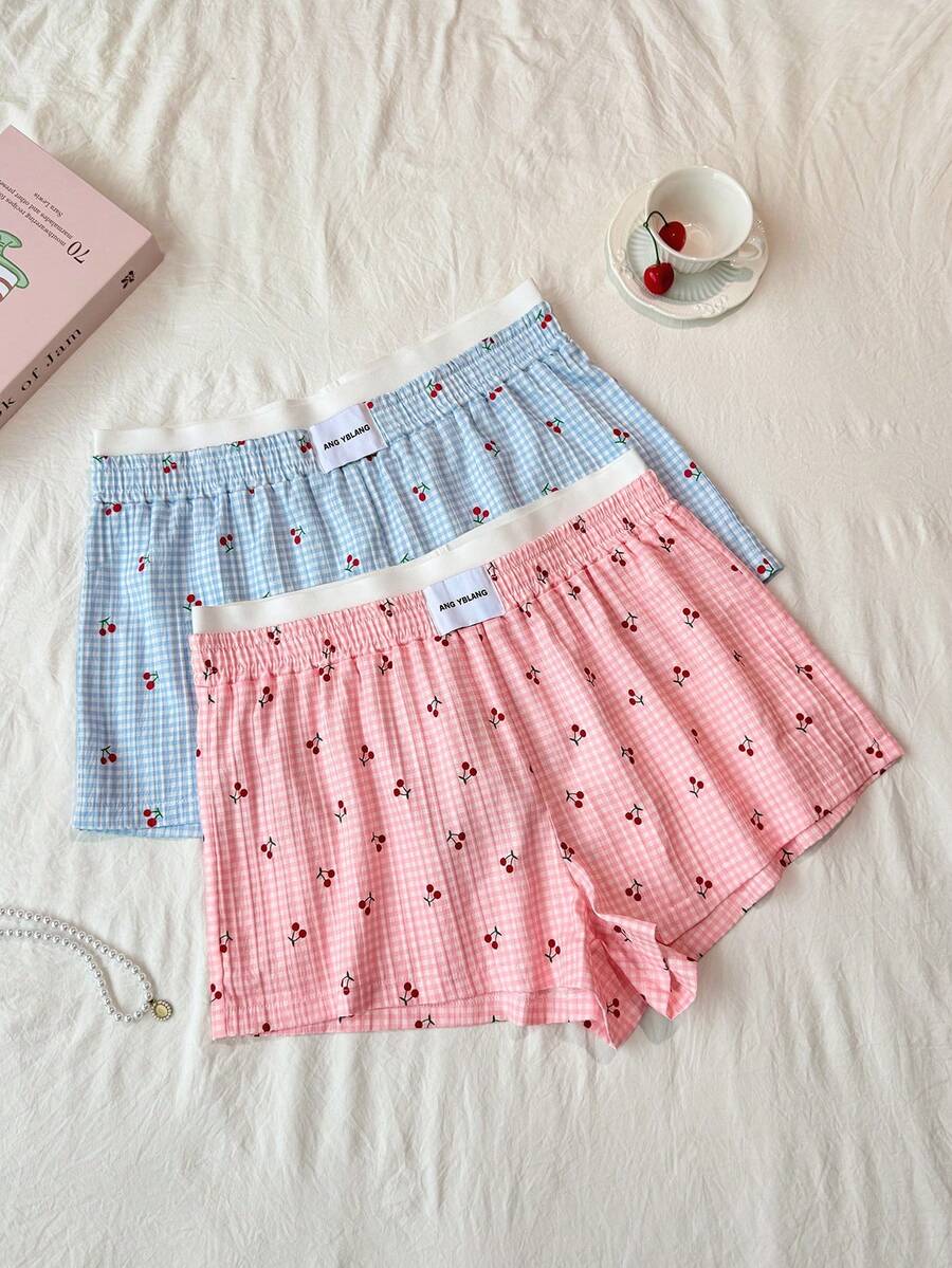 Napfluff CURVE Napfluff CURVE 2pcs Plus Size Women's Plaid Cherry Print Patchwork Shorts Set Night Light Blue Pink Summer - Multicolor - View 1