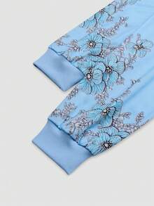 Linhara CURVE Spring/Autumn New Blue Floral Print Casual Daily Plus Size Hooded Sweatshirt - Blue - View 5