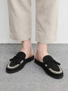 CUCCOO BIZCHIC 女款黑色流蘇後跟帶刺繡穆勒樂福鞋，日常通勤秋季鞋 - 黑色 - 查看 5