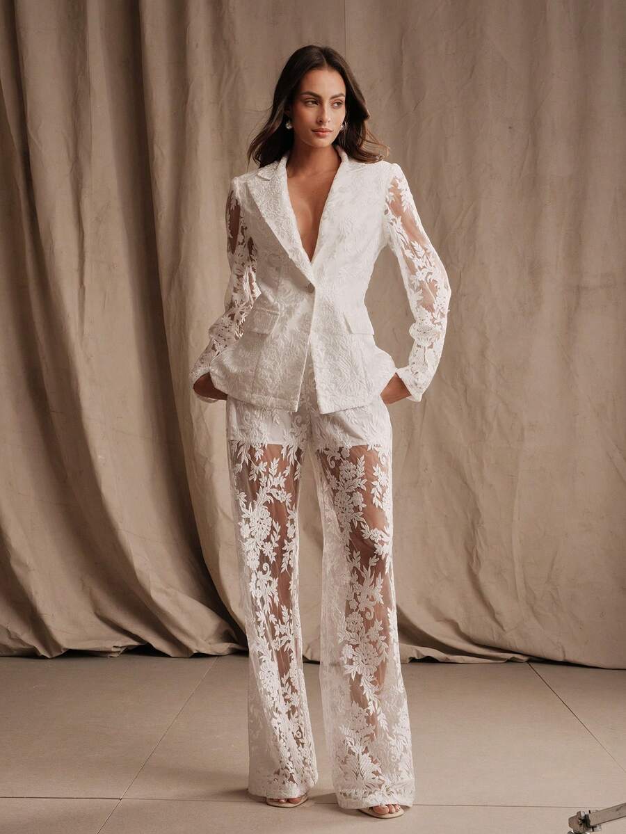 Anewsta Custom White Floral Embroidered Sheer Elegant Romantic Casual Urban Women's Lightweight Blazer Flared Pants Set, Spring/Summer Wedding Party Night - Beige - View 1