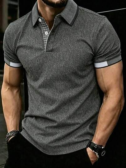Manfinity Dauomo Men's Standard Size Summer Polo Shirt, Colorblock + Plaid Print Pattern, Graphic Design, Business Casual Top, Elegant, Daily Commute Wear, Fitted Comfortable Fabric, Outdoor